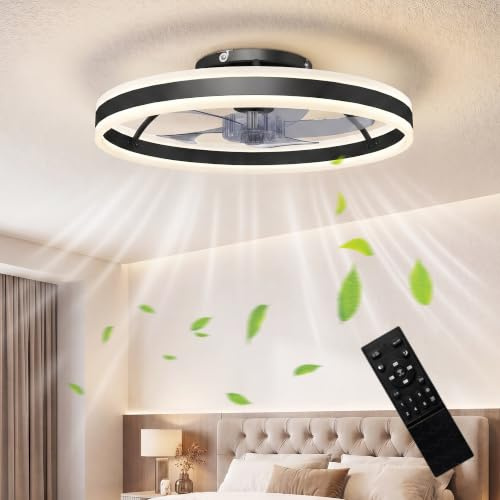 HOMCOM LED Deckenleuchte mit Ventilator mit Fernbedienung 50 cm Schwarz | Deckenventilator mit Beleuchtung, 6 Geschwindigkeiten, 3 Leuchtfarben, Leiser DC Motor, Timer, Wohnzimmer, Schlafzimmer