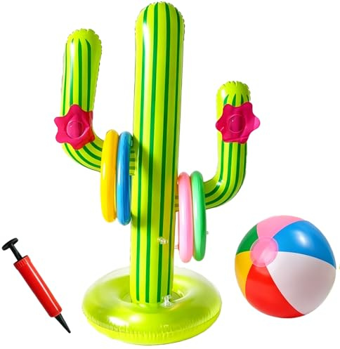 Inflatable Pool Toys Cactus, Swimming Pool Games for Holiday, 7-Piece Ring Toss Set with Cactus Toy, Garden Party Activities for Outdoor and Indoor Recreation, Includes 22 cm Ball and 18 cm Rings