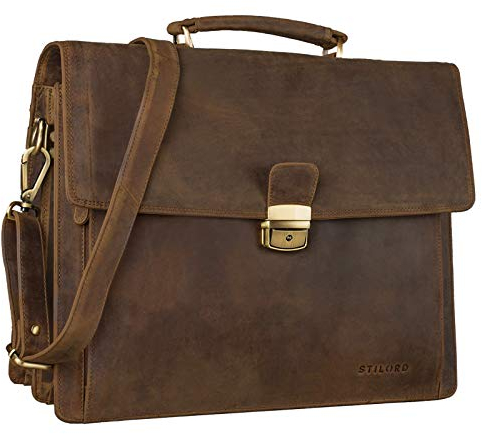 STILORD 'Noel' Aktentasche Leder Herren Vintage groß klassische Arbeitstasche Bürotasche Umhängetasche Dokumententasche mit Laptopfach 13,3 Zoll und Trolleyschlaufe, Farbe:mittel - braun