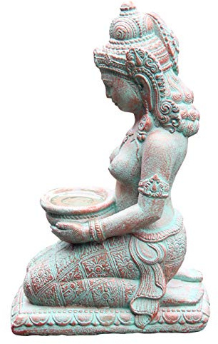 Ciffre Frau mit Schale ca. 30cm Antik Look Massiv Steinfigur Skulptur Feng Shui Garten Deko Wetterfest Lawa Steingus