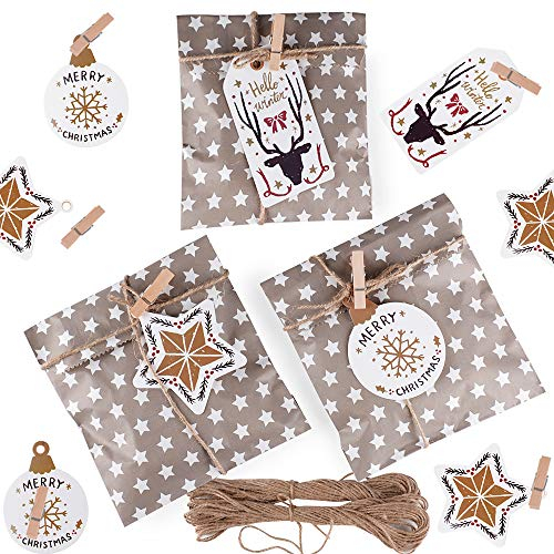 FLOFIA 25 Papiertüten Weihnachten Geschenktüten 24 Adventskalender Tüten zum Befüllen Weihnachtskalender zum Selber Befüllen Weihnachtstüten Süßigkeiten Candy Bar mit 30 Etiketten 30 Klammern Schnur A