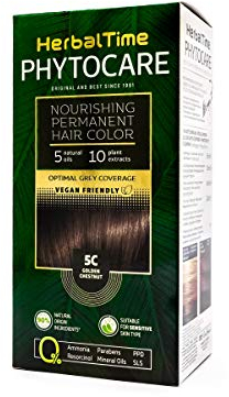 Herbal Time Phytocare Tinte Permanente para el Cabello Color Castaño Dorado 5C | Kit Tinte Natural Pelo Profesional | Nutre y Protege Tu Cabello | Sin Amoníaco, PPD y SLS | 124.5 ml