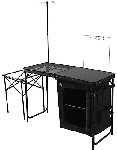 CAULO Camping Kitchen Table, Aluminum Portable Folding Camp Cook Station, Cupboard, Storage Organizer, Carrying Bag, Quick Installation (Black)