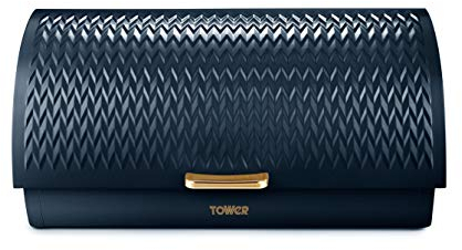 Tower T826090MNB Empire Roll Top Bread Bin, Stainless Steel, Midnight Blue and Brass