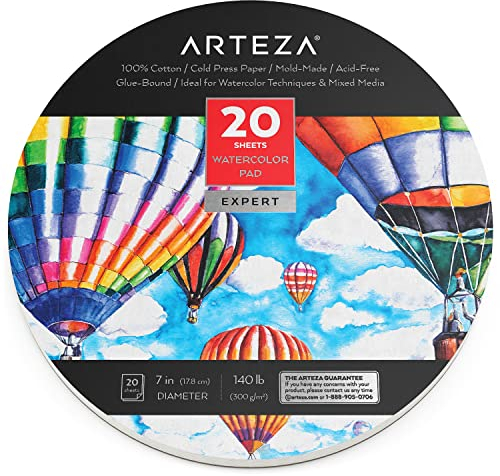 Arteza Runder Aquarellblock [17,8 cm Durchmesser, 20 Blatt], Aquarellpapier rund mit 300 g/m² dickem Papier, Wasserfarben Papier zum Zeichnen, Skizzieren und für Acryl- und Aquarellmalerei