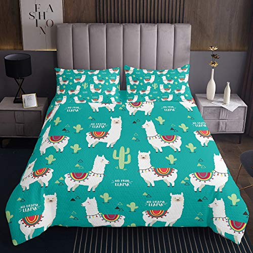 Homemissing Nettes Lama Steppdecke Boho Sukkulentes Lama Alpaka Tagesdecke 240x260cm für Jungen Mädchen Karikatur Kaktus Bettüberwurf Exotisches Stammestier 3St