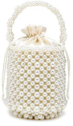 DJBM Women Handmade Pearl Beaded Clutch Bucket Evening Handbag Acrylic Pearl Purse for Party Wedding