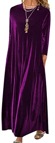Minetom Maxi Vestito da Cerimonia Velluto Elegante Autunno Inverno Girocollo Tinta Unita Manica Lunga Taglie Forti Abito Lungo da Sera Cocktail A Viola XL