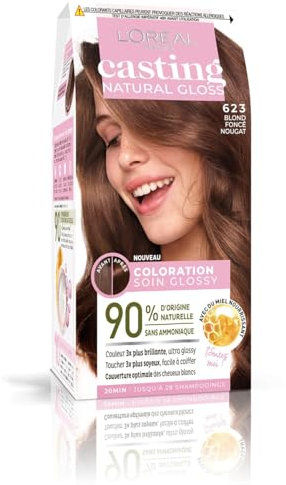 L'Oréal Paris L'Oréal Paris - Kit de coloración permanente para el cabello, color ultra brillante, sin amoníaco, 90% de ingredientes de origen natural, brillo natural, tono: rubio turrón oscuro (623)