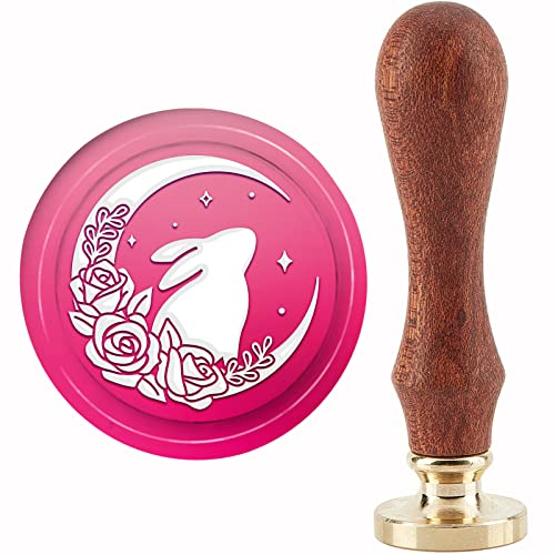 craspire Kaninchen-Wachssiegelstempel, Hase, Mond, Rose, Siegelstempel, Kupfersiegel, 30 mm, Retro, Abnehmbarer Messing-Stempelkopf Mit Holzgriff Für Umschläge, Briefe, Einladungen, Karten, Hochzeit