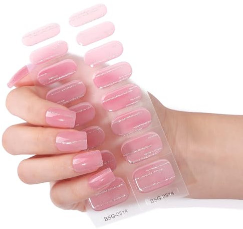 Semi Cured Gel Nail Strips, Pink Nail Wrap 16Pcs, Adhesive Full Wrap Gel Nail Art Sticker, Silver Thin Flash Line Waterproof Gel Nall Wrap Stickers, UV/LED Lamp Required