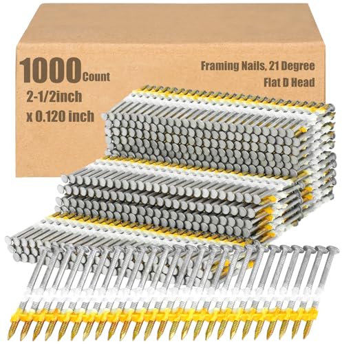 Therwen Framing Nails, 21 Degree, Flat D Head, Galvanized, Ring Shank, Plastic Row Fixed, 21 Degree Framing Nails for Use in All Pressure Treated Lumber (1000 Count,2-1/2 Inch x 0.120 Inch)
