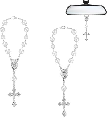 OHYER Autorosenkranz holzkreuz jesus christus Silberprägung Autozubehör zum Aufhängen Autoinnenausstattung für Autospiegel Rückspiegel Anhänger für Rückspiegelschutz und Dekoration (2)