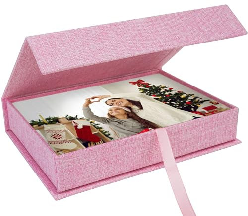 Hiwhy Foto Aufbewahrungsbox 13x18 cm, Leinen-Fotobox, Erinnerungsbox zur Aufbewahrung von Fotos, Bildern, Urkunden, Scrapbooking-Zubehör, Andenken und Schmuck Rosa