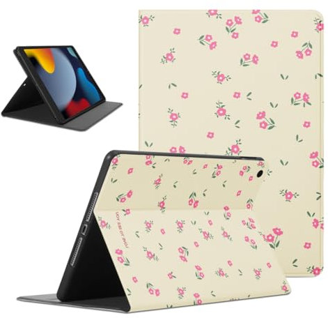 Kueqeay Hülle für iPad 9./8./7. Generation, Aesthetic Blume Motiv Design Dünn Leicht SchutzHülle mit Standfunktion TPU Rücken PU Leder Smart Folio Tablet Cover für iPad 10,2 2021/2020/2019, Beige