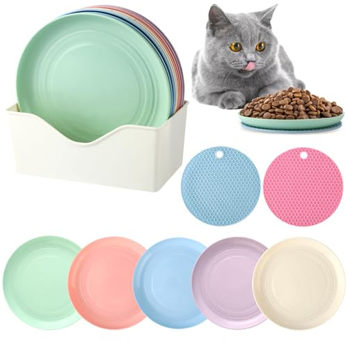 10 Stück Katzennapf Flach mit 2 Antirutsch Matte, Kreisförmige Futternapf Katze Flach mit Aufbewahrungsbasis, Bunt Katzen Napfset, Katzenteller Flach für Kätzchen und Kurzbeinige Katzen