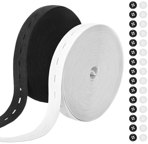 2 Rollen 20m Gummiband mit Knopflöchern, Gummiband 20mm mit 30 Knöpfe, Hosengummi, Gummiband Nähen, Gummiband Breit, Lochgummiband, ösenband, Lochband, Hosen Enger Machen Clip (Schwarz + Weiß)