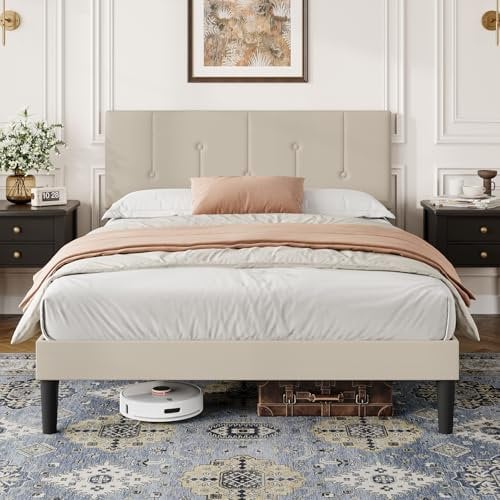 Vesgantti King Bed Frame with Adjustable Linen Headboard, Solid Wooden Slats & Upholstered Platform, Easy Assembly, No Box Spring Needed, Under Bed Storage, 5FT King Bed, 150 x 200 cm, Beige