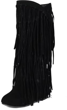 Elyffany Womens Fringe Western Boots Fashion Hidden Heel Knee-high Boots Black