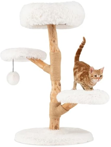 SOARS Kratzbaum Holz, 90 cm Katzenbaum mit 3 Plattformen, Kratzsäulen & Plüschball, Katzenkratzbaum klein, Kletterbaum für Katzen, Katzenmöbel, Weiß