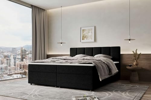 99rooms Bergamo Boxspringbett Doppelbett Ehebett Cordstoff AMBIENCE Schwarz 200x200 cm ohne Topper, Bonellfederkern-Matratze 19 cm