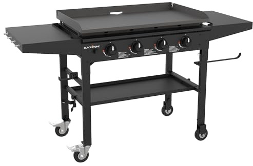 Blackstone 36 Inch 4 Burner 60,000 BTU Portable Steel Griddle Cooking Station with Foldable Legs, Grease Pan, and Storage Rack, Black