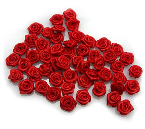 HAND Made Small Ribbon Rose Flower Sew On Trims 15 mm, Embellishments Pack of 50 Red