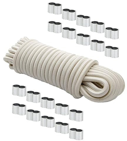 Dreamprint Expanderseil 8mm Weiß 20m Seil Spannseil Planenseil Gummileine elastisches Gummiseil für Anhängerplane mit 20x Würgeklemmen