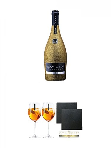 Scavi & Ray Prosecco Spumante GLITZER - GOLD - EDITION 0,75 Liter + Scavi & Ray Prosecco Sprizzione (kein Grünstich) Glas 2 Stück + Schiefer Glasuntersetzer eckig ca. 9,5 cm Ø 2 Stück