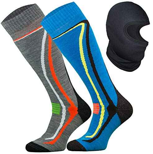TODO 2 Paar Warme 50% Merino Skisocken Herren und Skisocken Damen Thermoaktiv, Atmungsaktiv Ski Socken und Ski Sturmhaube (Grau-Blau, 35-38/2 Paar)