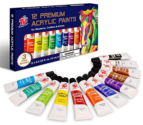 TBC The Best Crafts Acrylic Paint Set-12 Tubes 0.4 oz Acrylic Paint and 3 Paint Brushes Work on Paper, Canvas, Wood, Ceramic Non-toxic Craft Paint for Kids & Beginners