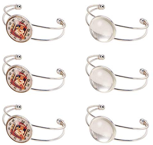 SUNNYCLUE 12Teiliges Cabochon Armband Fassungs Set Zur Herstellung von Rohlingen Inklusive 6ps Manschetten Armbänder 6ps Rundes Durchsichtiges Glaskuppel Fotoschmuck Zubehör Für Männer Frauen Silbern
