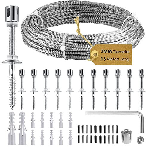 S SMAUTOP Rankhilfe aus Edelstahl für Kletterpflanzen, Profi-System als Komplettset mit Wandhaltern und 3mm Stahlseil (12 Halter, 16m Seil)