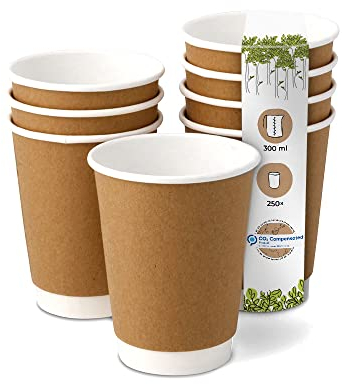 BIOZOYG 250 Stück Kaffeebecher isolierte Pappbecher 300ml / 12 oz Ø 90 mm weiß/braun - doppelwandig plastikfrei nachhaltige Materialien - Einwegbecher Glühweinbecher