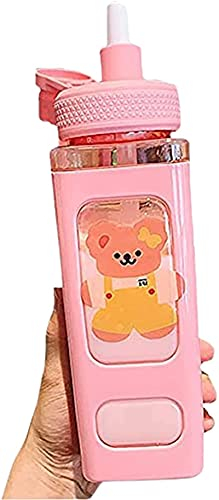 MTDBAOD Kawaii Cute Bear Water Bottle with Straw and Sticker,Kawaii Water Bottle,Sport Plastic Portable Square Drinking Bottle,for Kids School Supplies Juice Tea Water Cups (Pink)