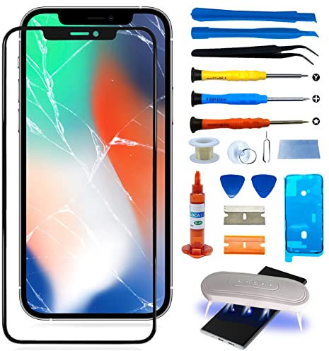 Pantalla frontal de repuesto de cristal exterior compatible con iPhone 12/Pro, kit de reparación de marco adhesivo y kit de herramientas (sin digitalizador, sin LCD)