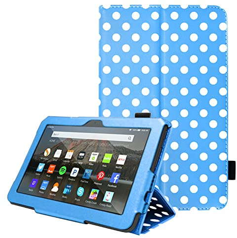 TECHGEAR Case Designed For All-New Amazon Fire 7 (12th Generation / 2022 Release) PU Leather Slim Folio Stand Case Cover with Hand Strap [Blue Polka Dot] with Auto Wake/Sleep