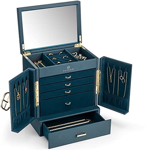 Vlando Grande boîte à bijoux vintage à 6 niveaux - Organiseur de bijoux - Grande taille XXL - Avec miroir, tiroirs, rangement de bijoux pour femme - Pour boucles d'oreilles, colliers, montres