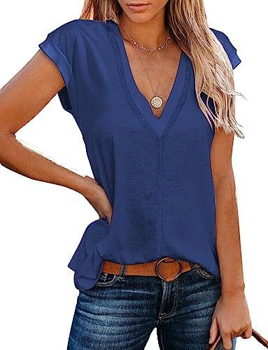 iChunhua Long Summer T Shirts for Women V Neck Cap Sleeve Tank Vests Tops Blue Medium
