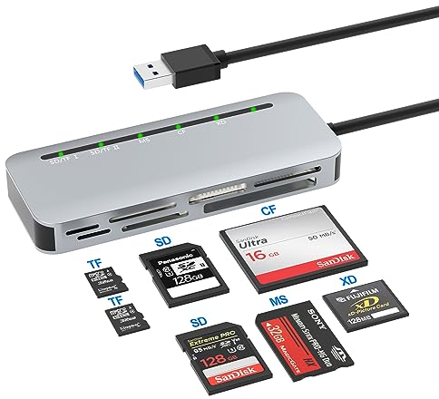 Lector de Tarjetas USB 3.0, 7 en 1 Multi Lector Tarjetas para TF/SD/MS/XD/CF Card Reader, Memory Stick Pro Duo Lector,Lector Tarjetas SD Multiple, 5Gps, Plug-and-Play