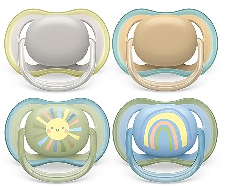Philips Avent, Sucettes légères et aérées pour bébés âgés de 0 à 6 mois, sans BPA et avec étui de transport stérilisateur, Lot de 4, modèle SCF085/65