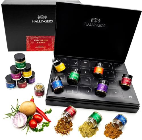 Hallingers Frohes Fest - Red/Golden Stars - Gewürz Adventskalender handmade, 24 Gewürze aus aller Welt (Set) - Geschenkideen Weihnachten & Geschenke Adventskalender | Neues Zuhause Chanukka Freundsc