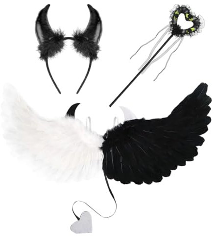Aurasky Alas de Angel Blanco Negro, Diablo Cuernos y Varita Mágica, Alas Demonio, Disfraz Angel Negro, Disfraz Diablo Mujer, para Niños Adultos Mascarada Halloween Carnaval Cosplay Fiesta