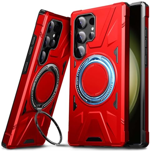 DASFOND Armor Hülle für Samsung Galaxy S24 Ultra 5G Case Militär Stoßfest Handyhülle [Upgrade 2.0] Metal Ring Halter Ständer Schutzhülle, Rot