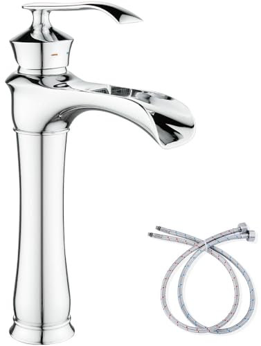 Maynosi Mitigeur Cascade Haut Lavabo, Robinet Salle de Bain Bec Rétro, Robinetterie Pour Vasque en Laiton, Robinet Lavabo Cascade, Chaud et Froide avec Tuyaux Flexibles (Chrom)