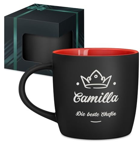 Maverton Keramik Kaffeebecher 400ml mit Gravur - personalisierte Kaffeetasse aus Matt Keramik mit Henkel für Frauen zum Geburtstag zu Weihnachten - Trinkbecher matt schwarz - Innen rot - Chefin