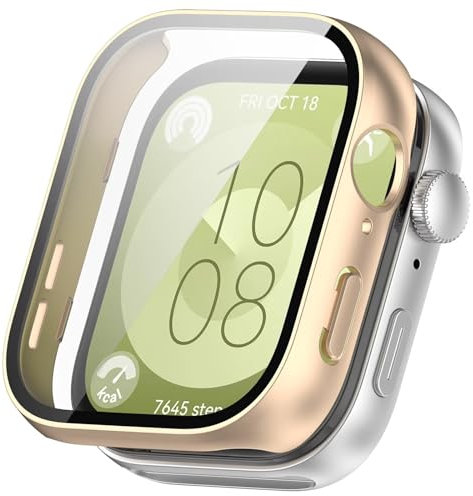 FTRONGRT Coque pour Huawei Watch Fit 3, Film Trempé PC + Étui, Boîtier de Montre Tout Compris, Résistant aux Chocs, Housse pour Huawei Watch Fit 3 Smartwatch.Or Givré