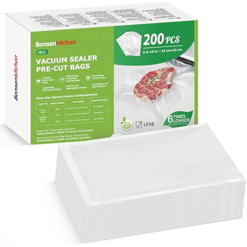 Bonsenkitchen Precut Vacuum Sealer Bags, 200 Pcs 15 x 23 CM Food Sealer Bags,Commercial Grade, BPA Free, Heavy Duty, Customized Size Vacuum Bags for Vac Storage, Meal Prep or Sous Vide Cooking, VB31