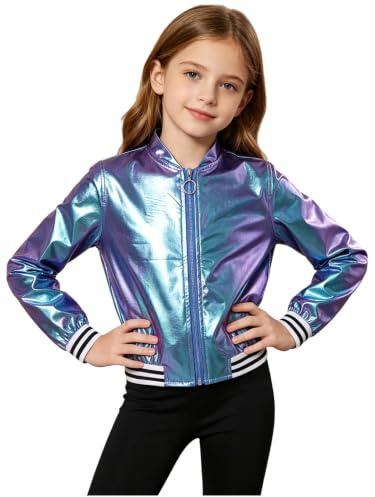 Freebily Kinder Metallic Jacke Mädchen Jungen Baseball College Jacke Glänzende Hip Hop Jazz Kleidung Tanz Disco Street Dance Outfit