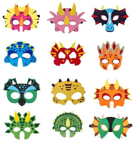 NJCXOLA Dinosaurier Masken, 12 Stück Dino Filz Masken, Cosplay Kindermasken für Mädchen Jungen, Partymasken zum Halloween Kindergeburtstag Karneval